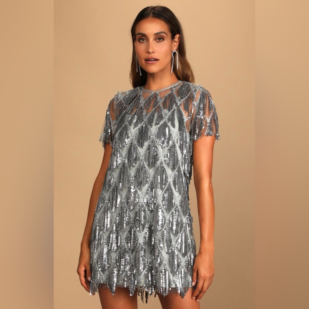 Lulus Silver Fringe Mini Dress, size small